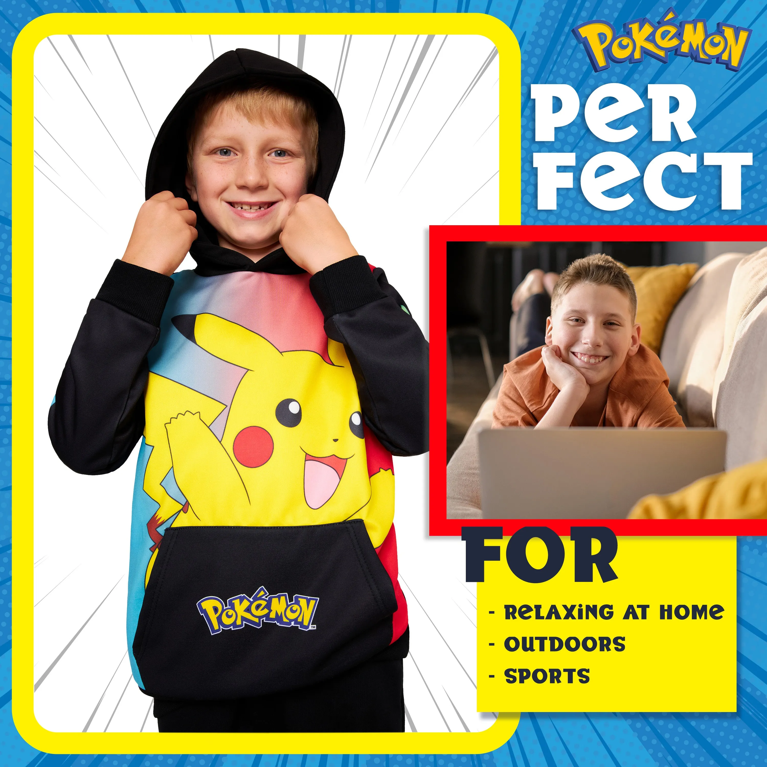 Pokemon Boys Hoodie with Cuffed Sleeves, Kangaroo Pocket - Black/Multi Pikachu
