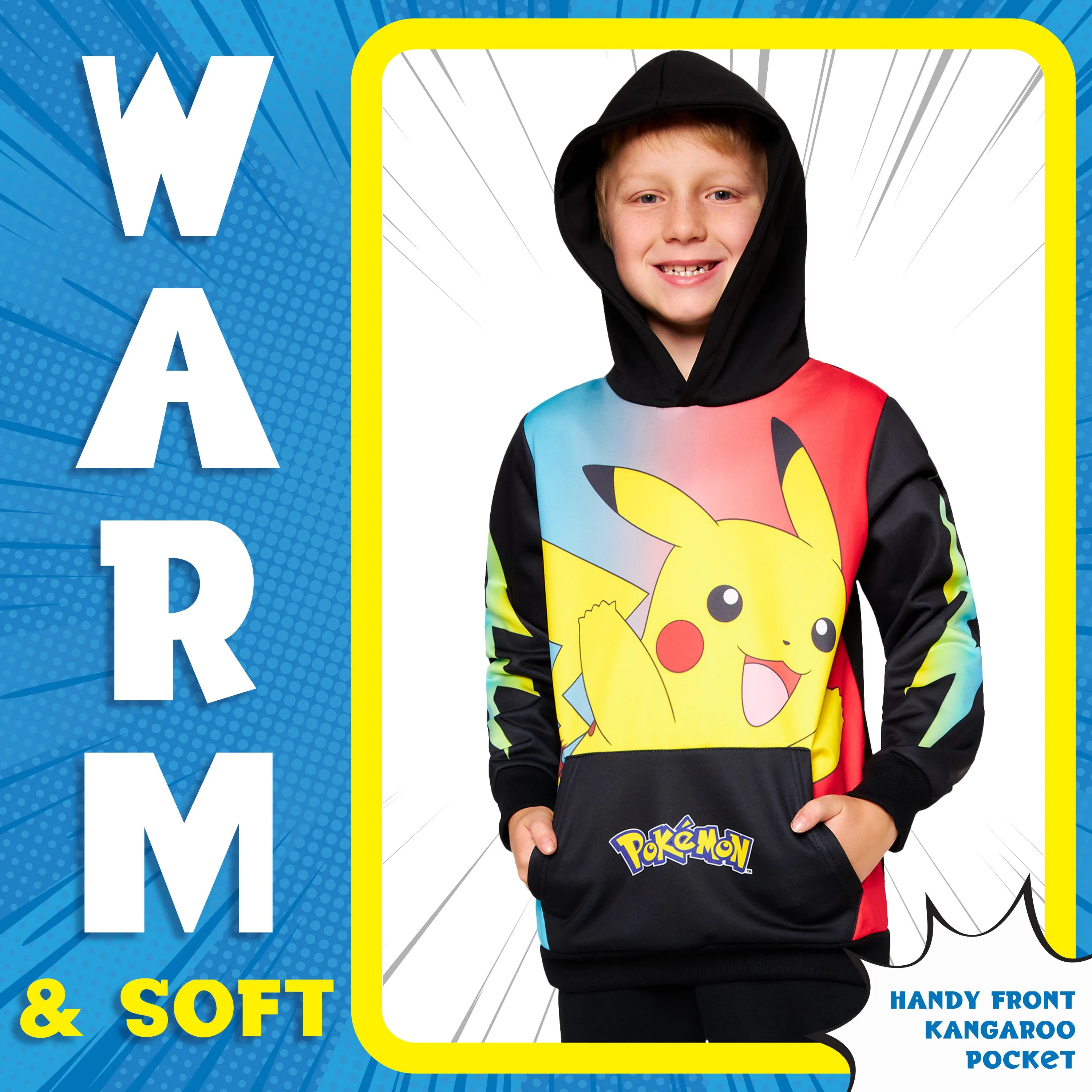 Pokemon Boys Hoodie with Cuffed Sleeves, Kangaroo Pocket - Black/Multi Pikachu