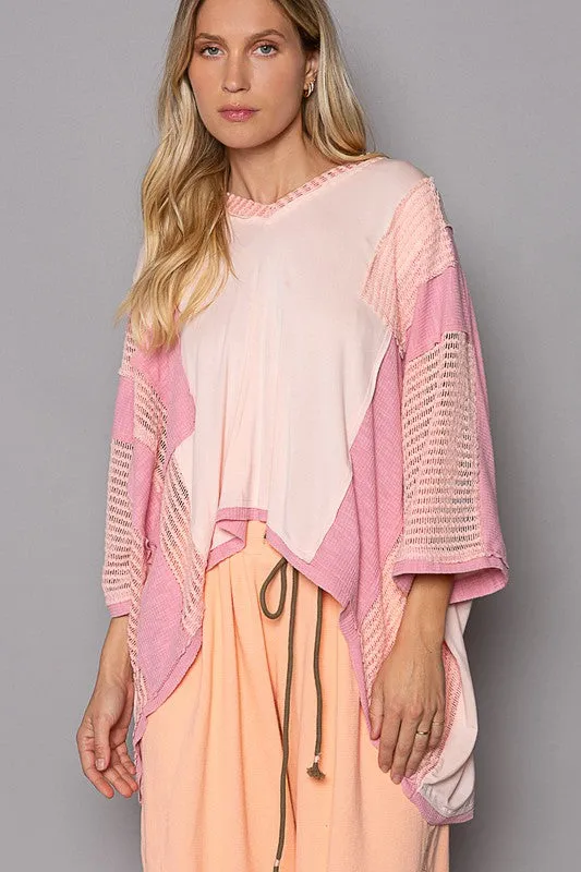 POL Oversized High-Low Contrast V-Neck Top