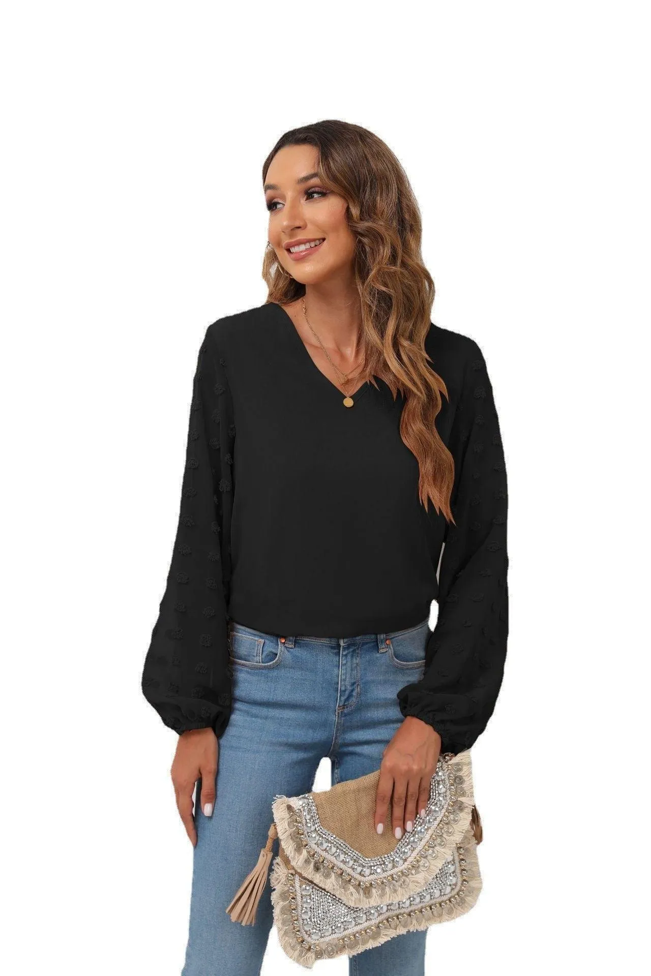 Positive Aura Swiss Dot Balloon Sleeve Blouse