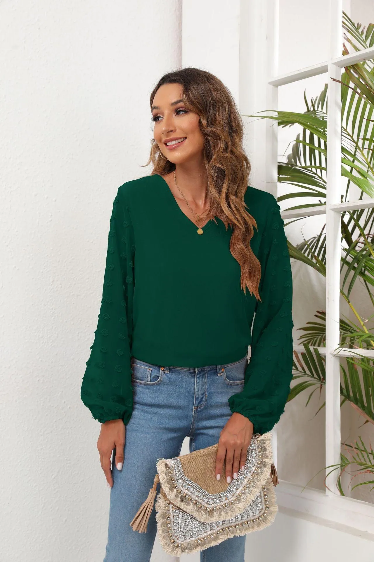 Positive Aura Swiss Dot Balloon Sleeve Blouse