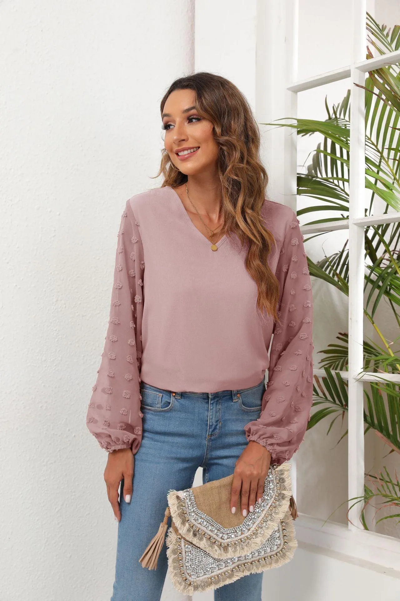 Positive Aura Swiss Dot Balloon Sleeve Blouse