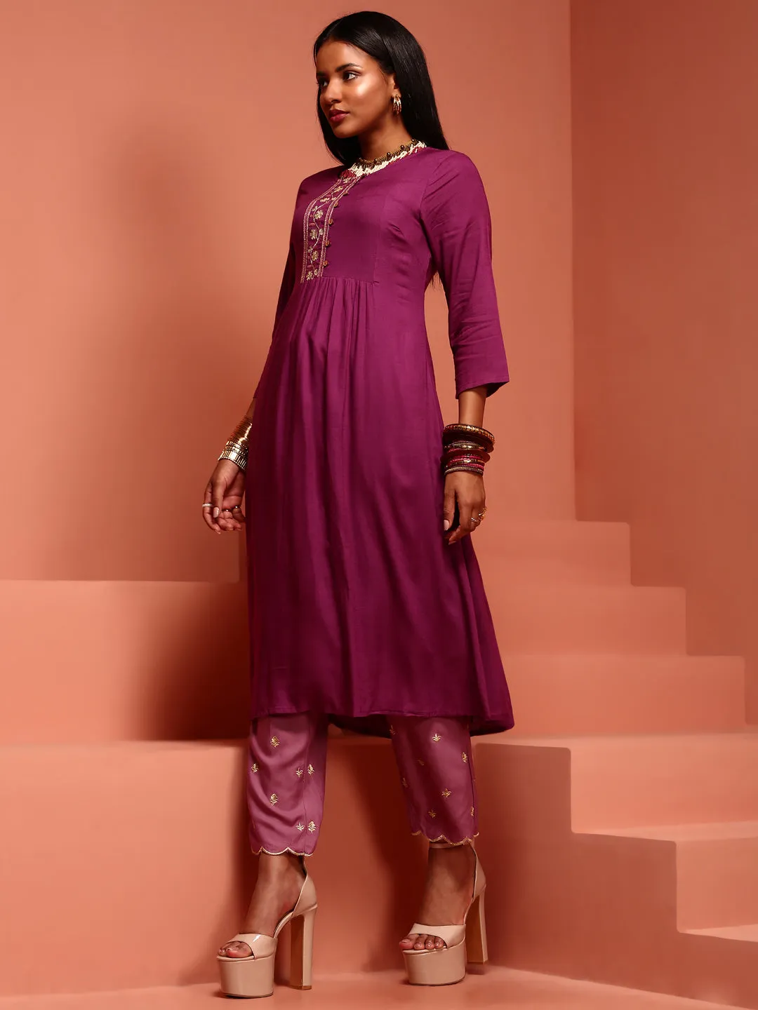 Purple Embroidered Kurta Set