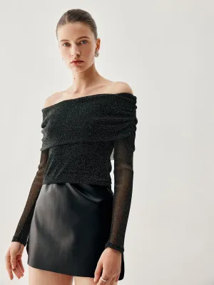 Sequin Overfold Off-Shoulder Trendy Mesh Crop Blouse