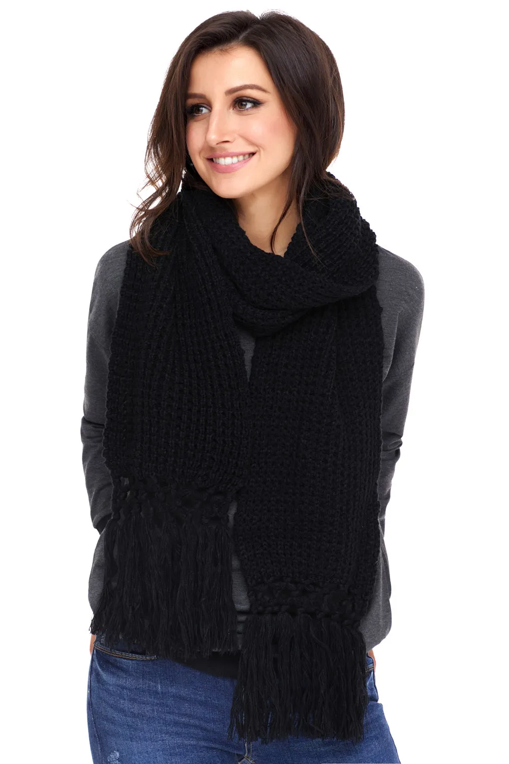 Sexy Black Cozy Chunky Knit Tassel Scarf