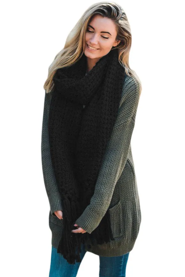 Sexy Black Cozy Chunky Knit Tassel Scarf