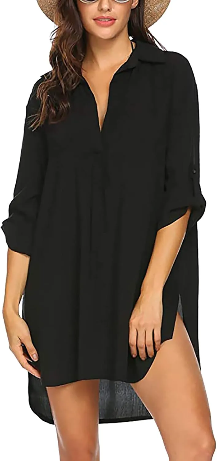 Shirt Dresses for Women 2025 Vacation Roll-up 3/4 Sleeve V Neck Mini Dress Summer Side Split Hem Casual Tunic Dress