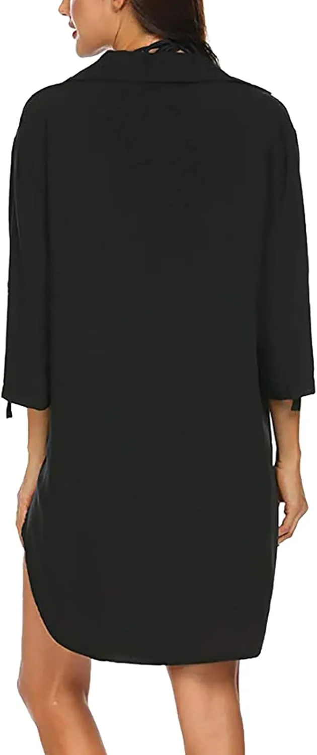 Shirt Dresses for Women 2025 Vacation Roll-up 3/4 Sleeve V Neck Mini Dress Summer Side Split Hem Casual Tunic Dress