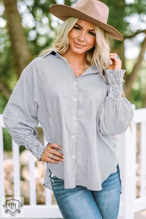 Smocked Cuffed Striped Boyfriend Shirt with Pocket