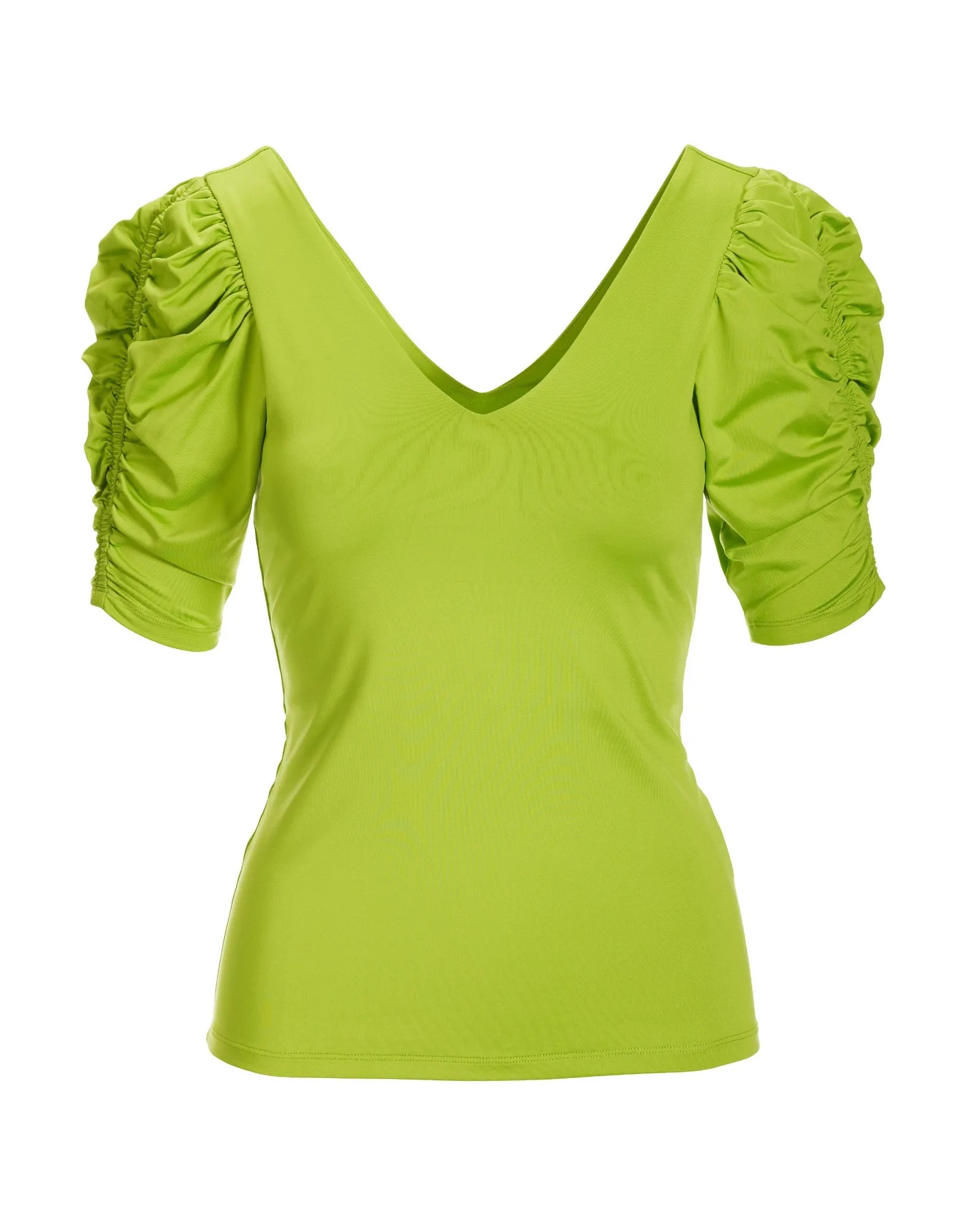 So Modern Ruched Sleeve V Neck Top Bright Lime Green