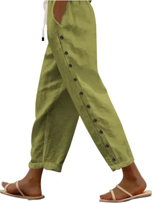 Striped Linen Pants Women Casual Summer Elastic Waist Trendy Slacks Straight Leg Lightweight Trousers with Pockets