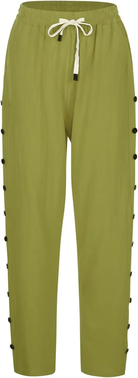 Striped Linen Pants Women Casual Summer Elastic Waist Trendy Slacks Straight Leg Lightweight Trousers with Pockets