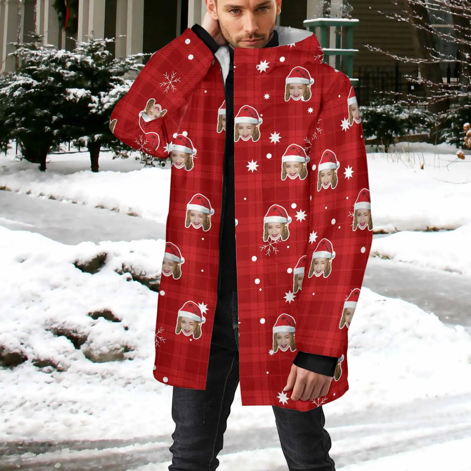 [Thick and Warm] Custom Face Christmas Hat Mid-length Fleece-lined Jacket Men's Full Zip Hoodie