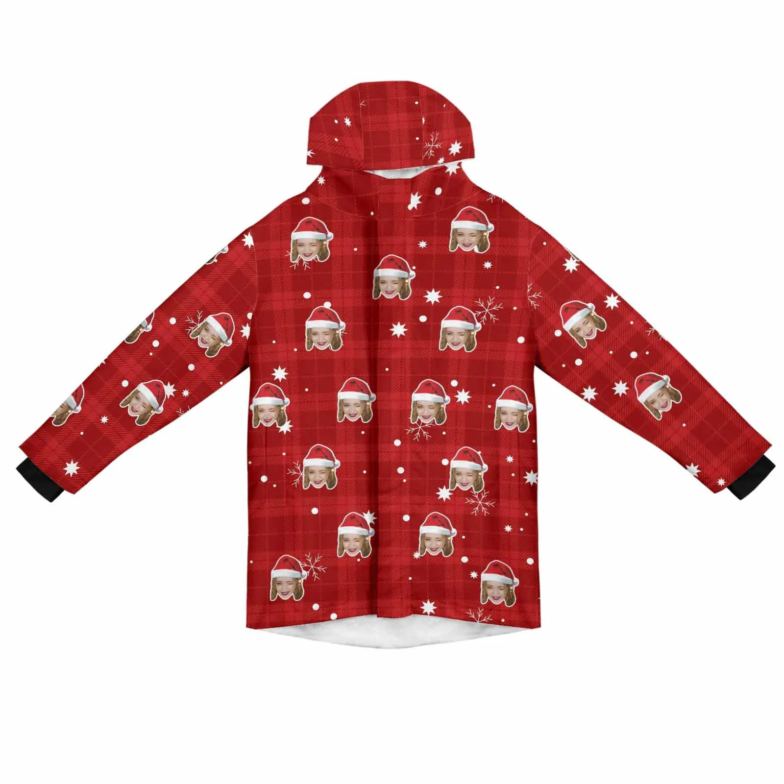 [Thick and Warm] Custom Face Christmas Hat Mid-length Fleece-lined Jacket Men's Full Zip Hoodie