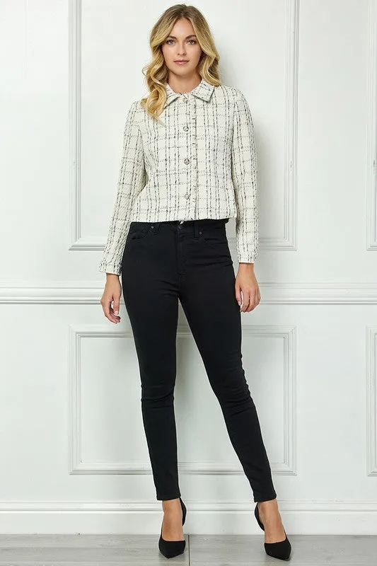 WHITE TWEED LONG SLEEVES RAW HEM CROP JACKET TOP AVK51160KW