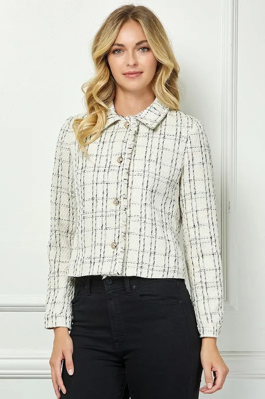 WHITE TWEED LONG SLEEVES RAW HEM CROP JACKET TOP AVK51160KW