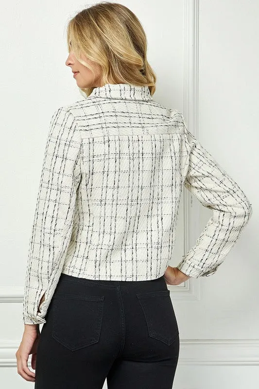 WHITE TWEED LONG SLEEVES RAW HEM CROP JACKET TOP AVK51160KW