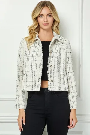 WHITE TWEED LONG SLEEVES RAW HEM CROP JACKET TOP AVK51160KW