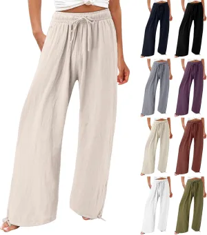 Wide Leg Linen Pants for Women 2025 Summer Casual High Waisted Palazzo Pants Boho Beach Flowy Pants with Pockets