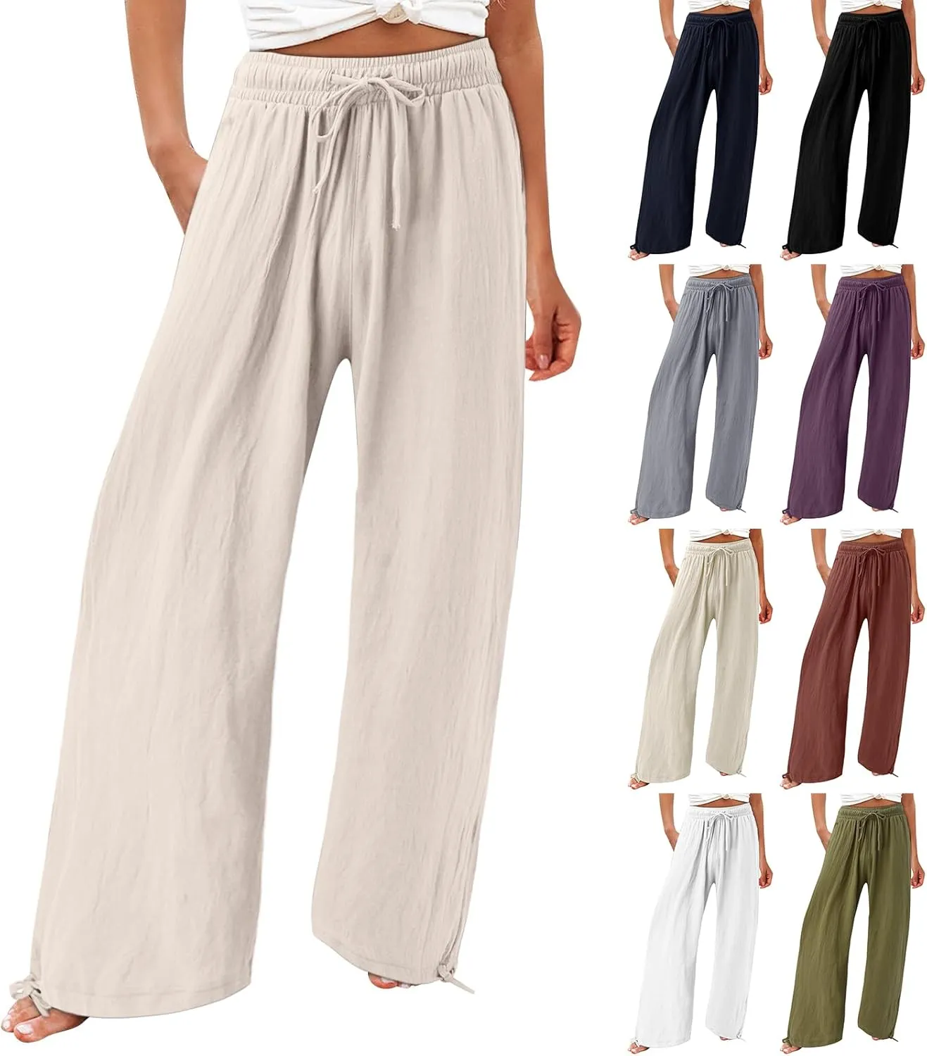 Wide Leg Linen Pants for Women 2025 Summer Casual High Waisted Palazzo Pants Boho Beach Flowy Pants with Pockets