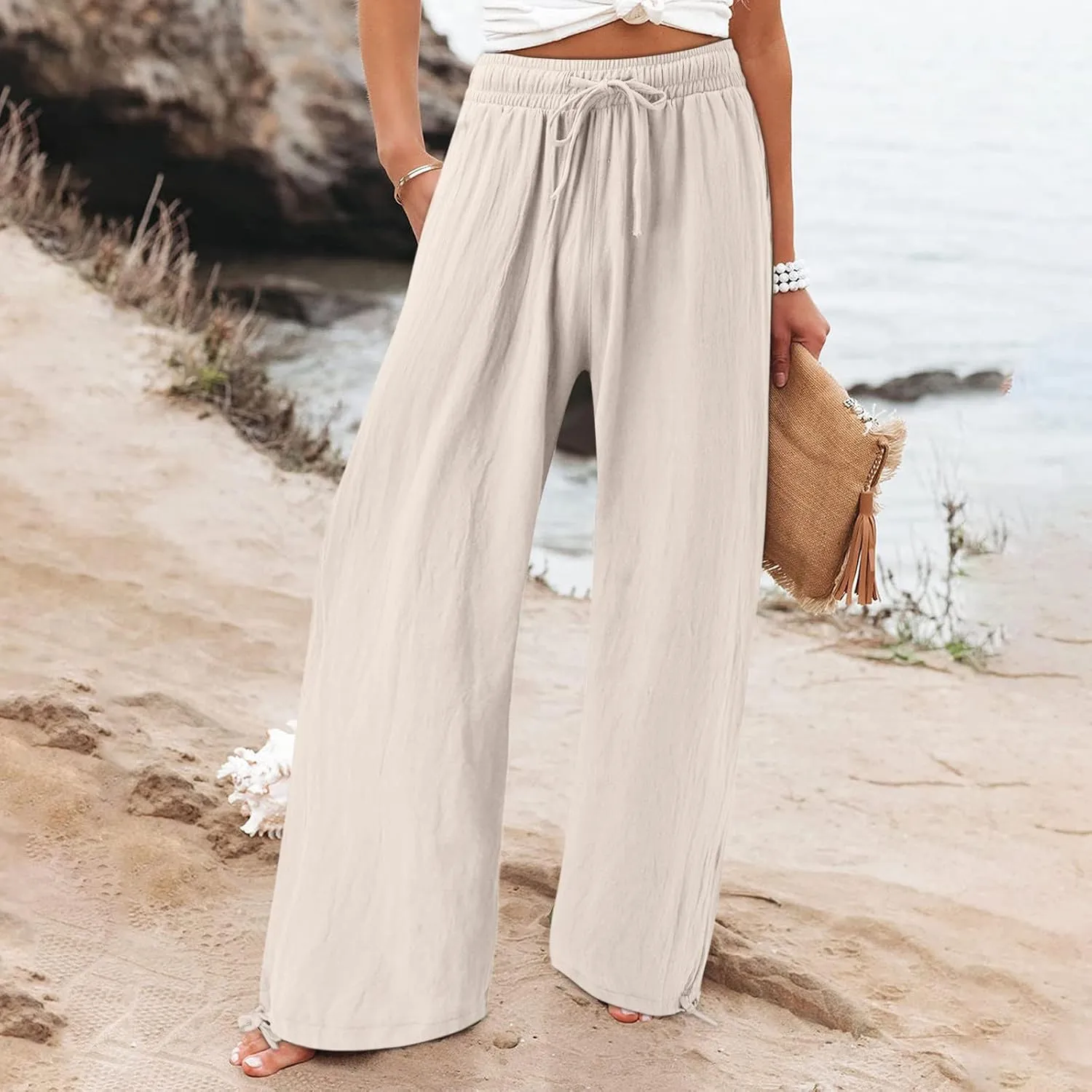 Wide Leg Linen Pants for Women 2025 Summer Casual High Waisted Palazzo Pants Boho Beach Flowy Pants with Pockets