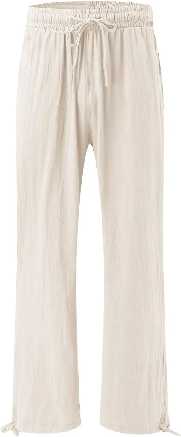 Wide Leg Linen Pants for Women 2025 Summer Casual High Waisted Palazzo Pants Boho Beach Flowy Pants with Pockets