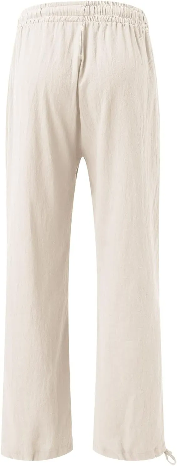Wide Leg Linen Pants for Women 2025 Summer Casual High Waisted Palazzo Pants Boho Beach Flowy Pants with Pockets