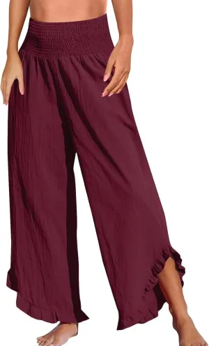 Wide Leg Pants for Women Linen Summer Elastic Waist Palazzo Pants High Waisted with Pockets Cropped Solid Trousers