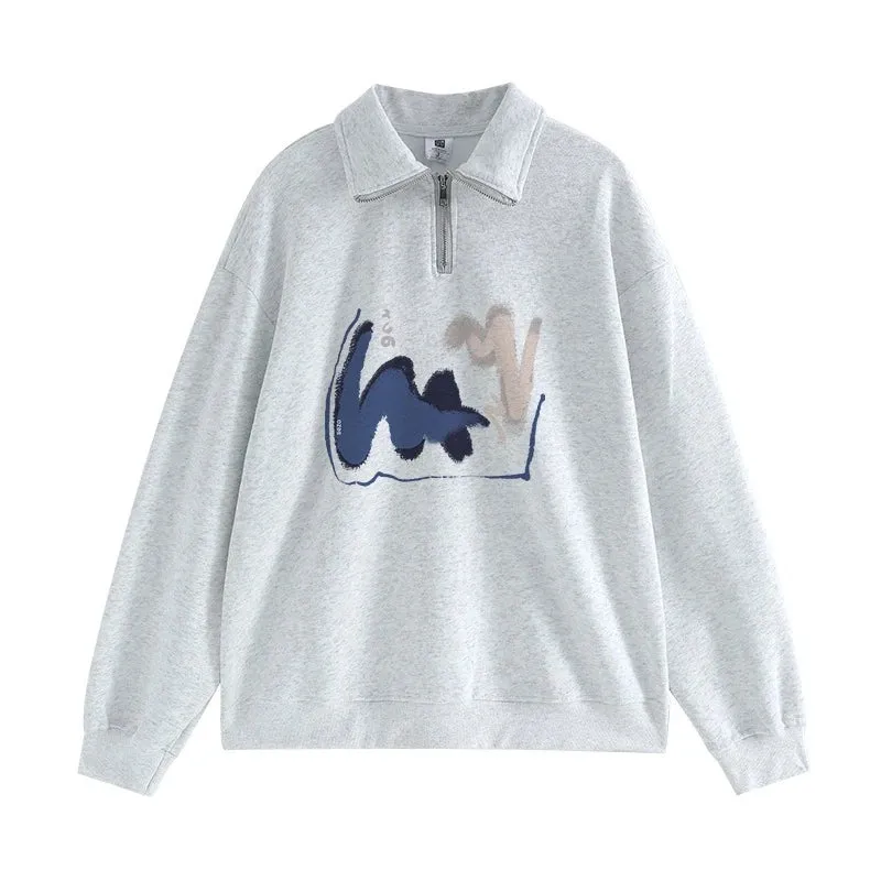 Winter Black Casual Women Hoodies Spell Color Zipper Polo Neck Simple Office Ladies Chic Fashion Streetwear Y2k Clothes