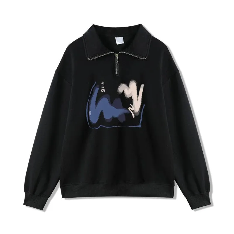 Winter Black Casual Women Hoodies Spell Color Zipper Polo Neck Simple Office Ladies Chic Fashion Streetwear Y2k Clothes