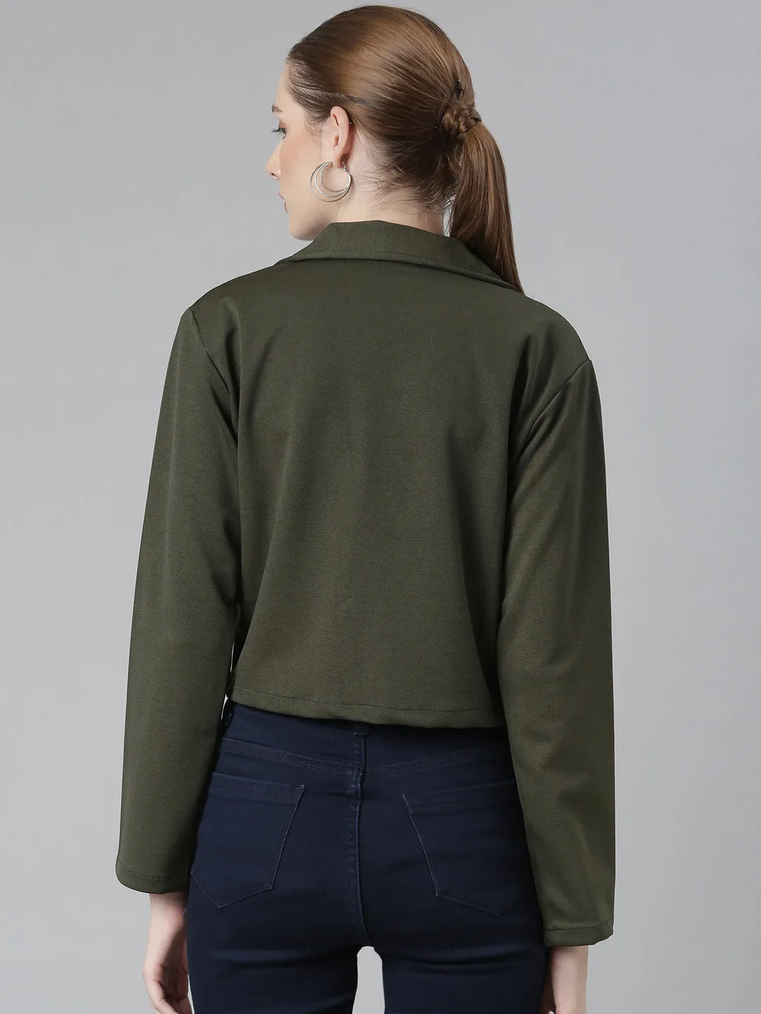 Women Olive Notched Lapel Collar Cotton Open Front Blazer