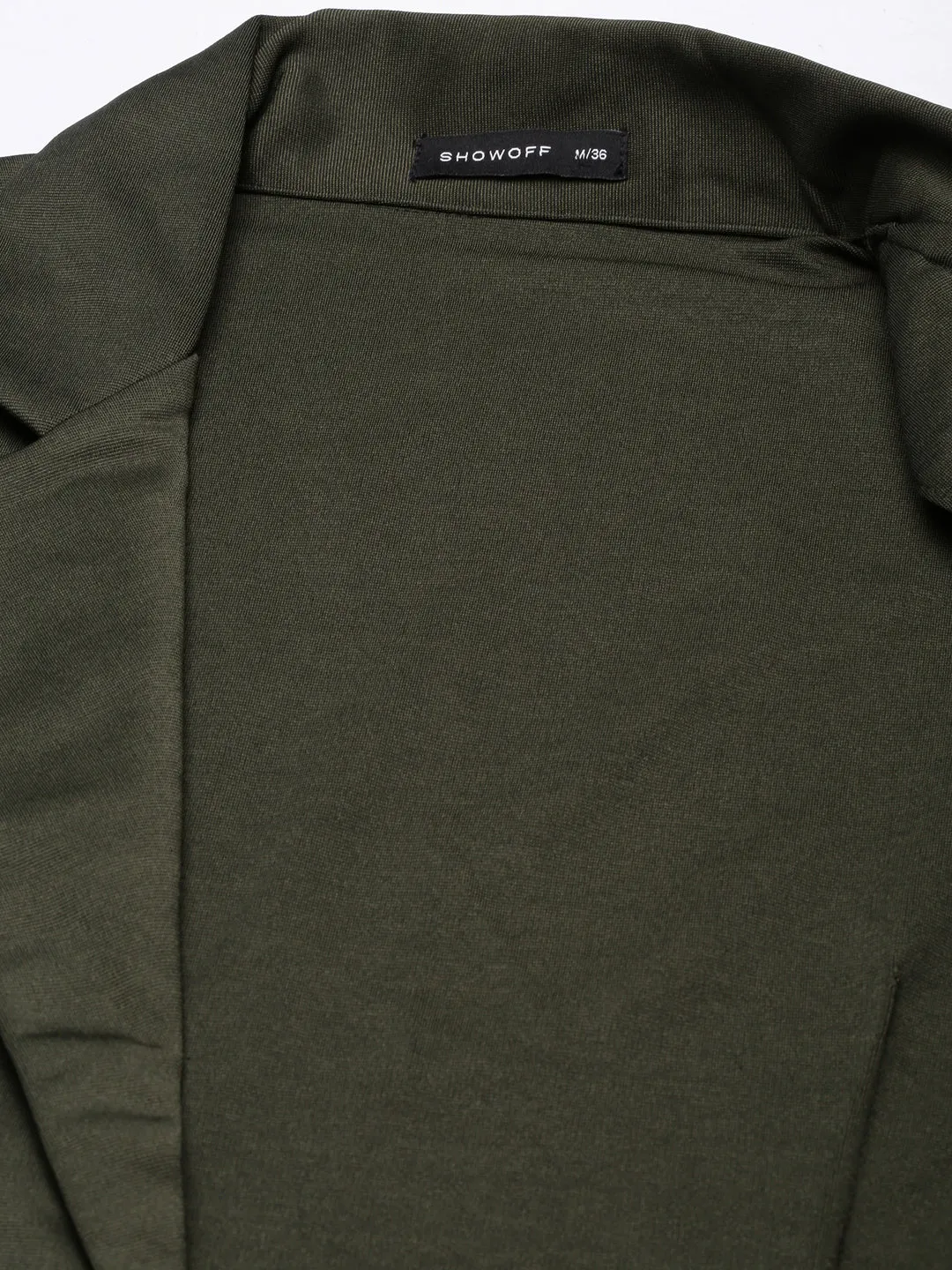 Women Olive Notched Lapel Collar Cotton Open Front Blazer