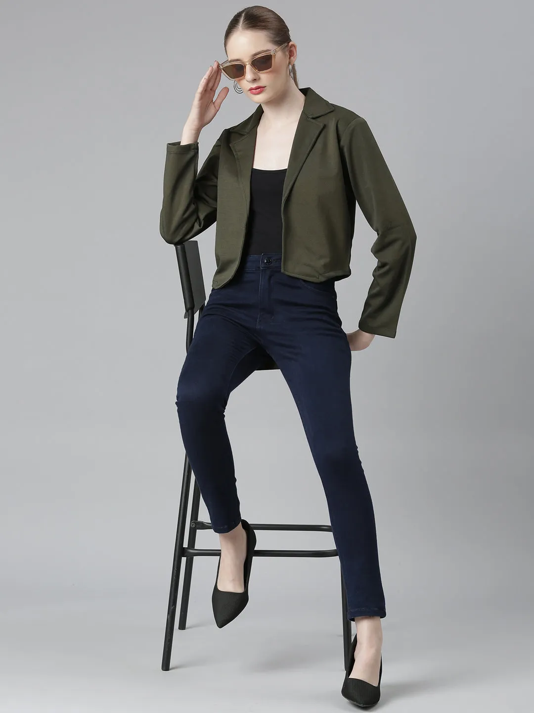 Women Olive Notched Lapel Collar Cotton Open Front Blazer
