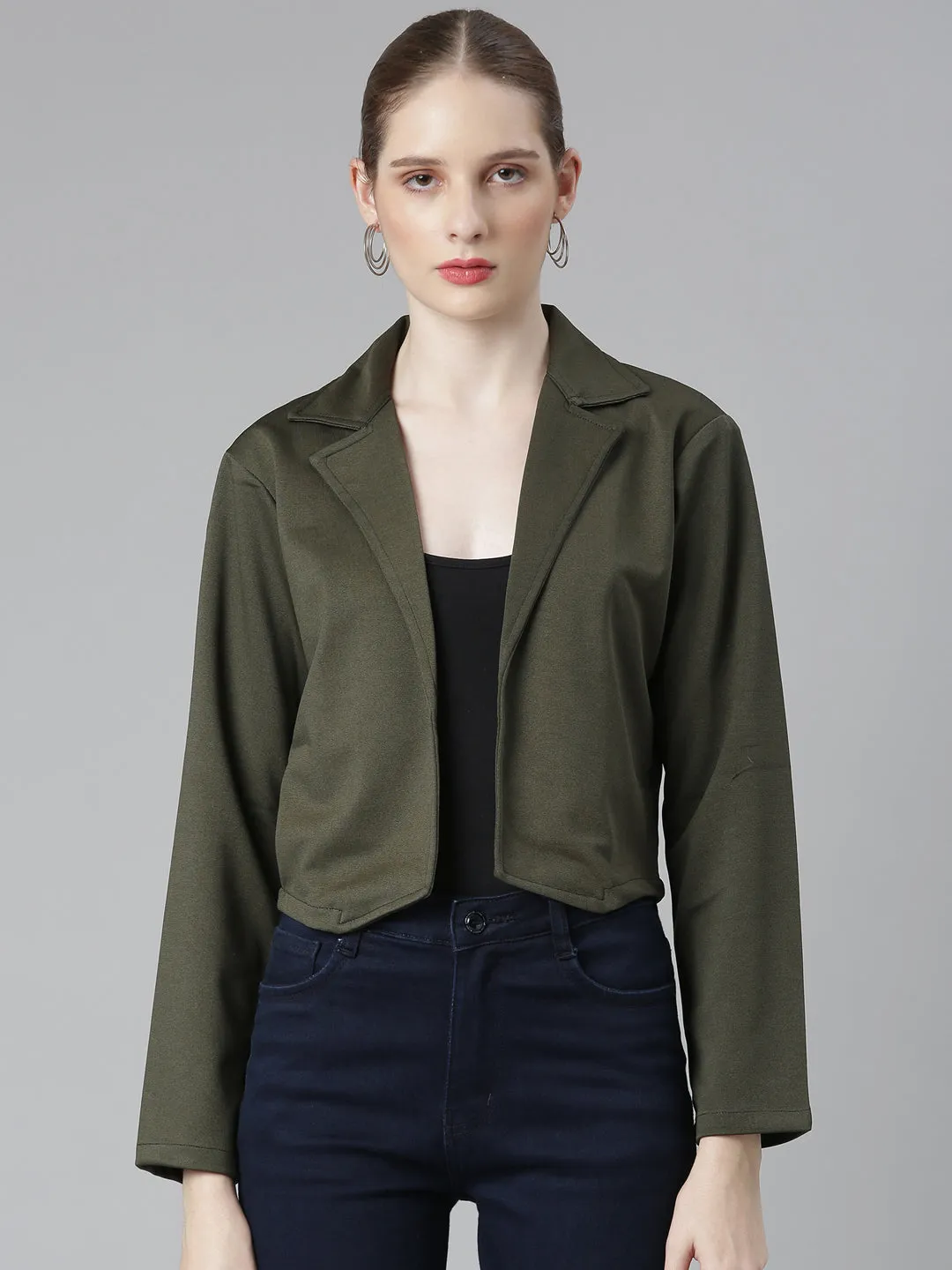 Women Olive Notched Lapel Collar Cotton Open Front Blazer