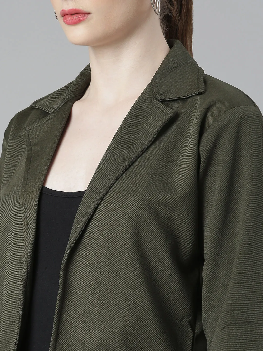 Women Olive Notched Lapel Collar Cotton Open Front Blazer