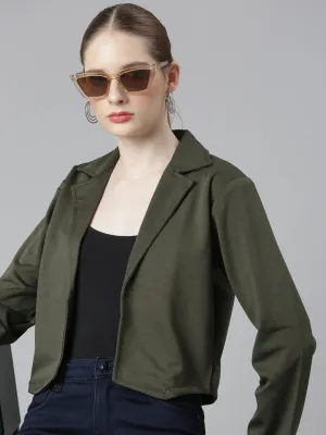 Women Olive Notched Lapel Collar Cotton Open Front Blazer