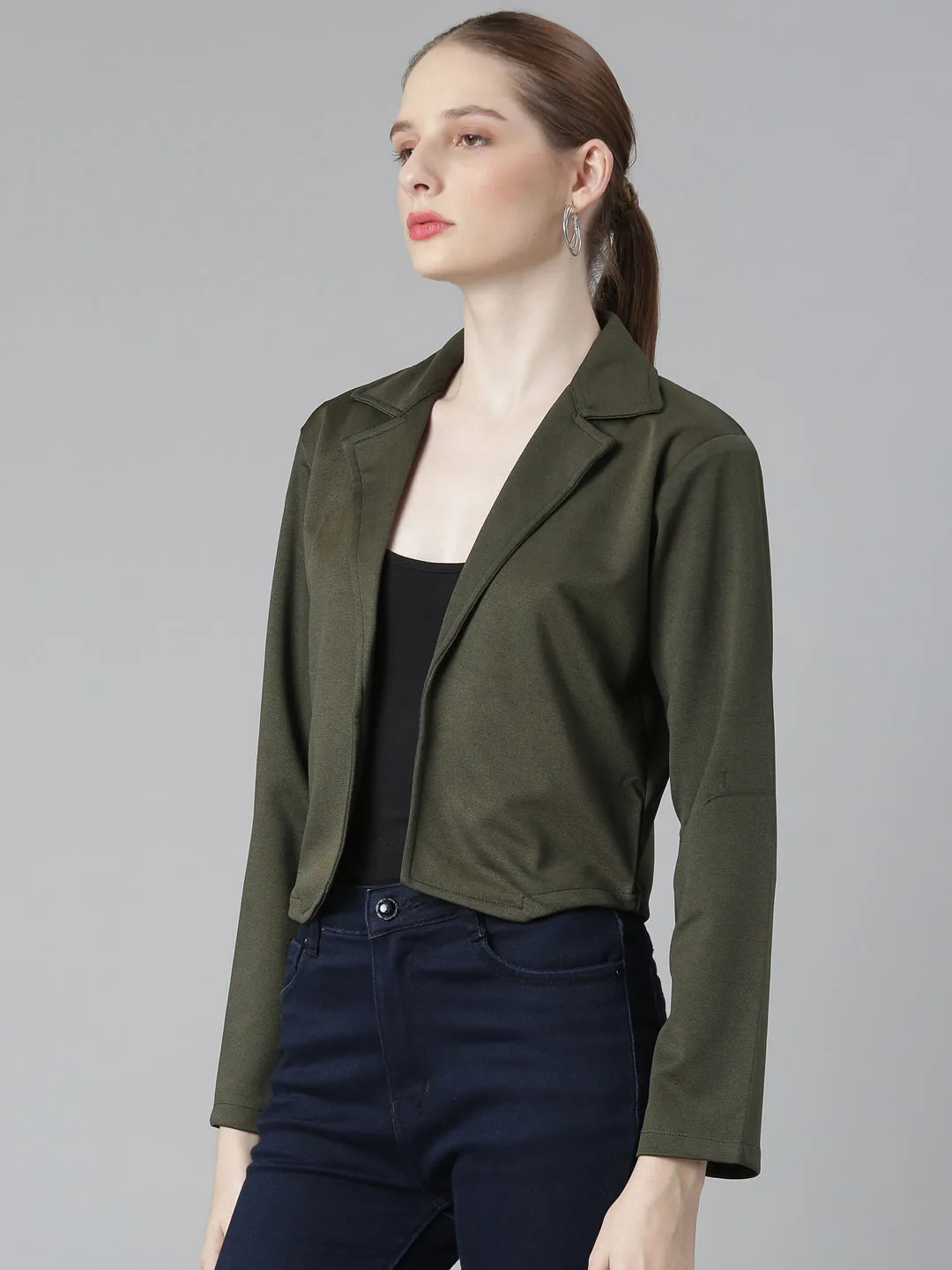 Women Olive Notched Lapel Collar Cotton Open Front Blazer