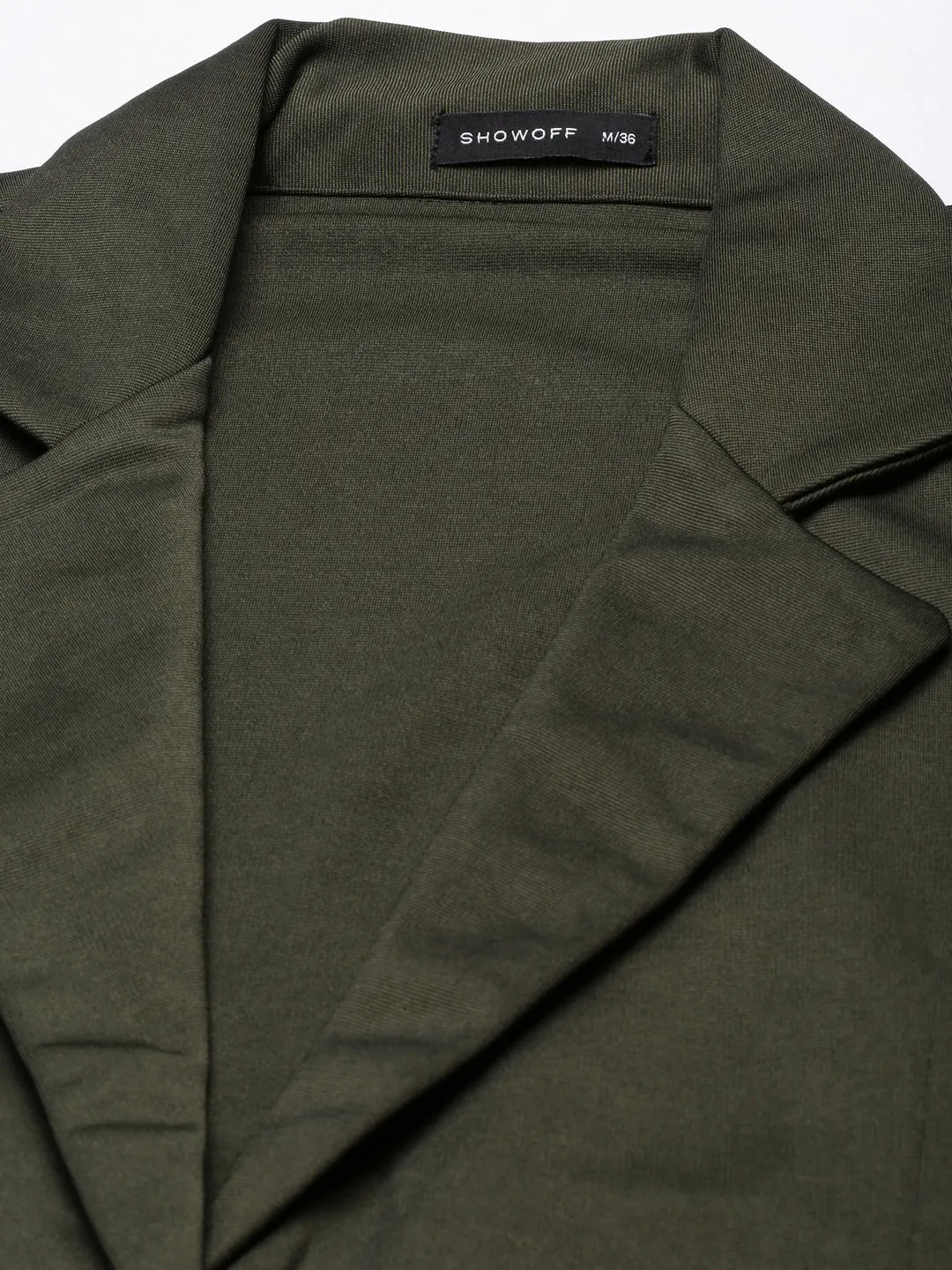 Women Olive Notched Lapel Collar Cotton Open Front Blazer