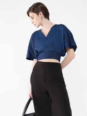 Women Solid Navy Blue Blouson Top