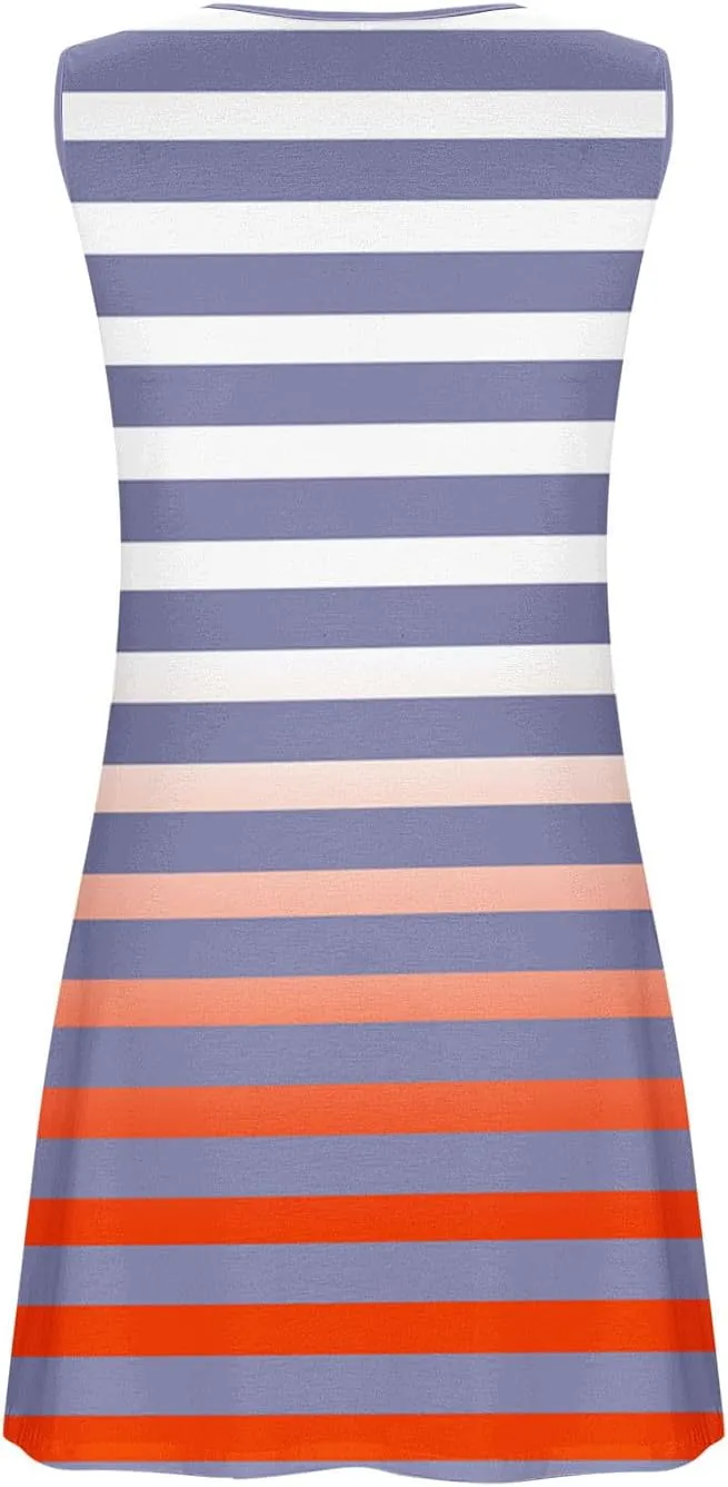 Women Tank Dresses Fashion Gradient Striped Print Sleeveless Button up A-Line Midi Dress Boho Style Beach Sundress