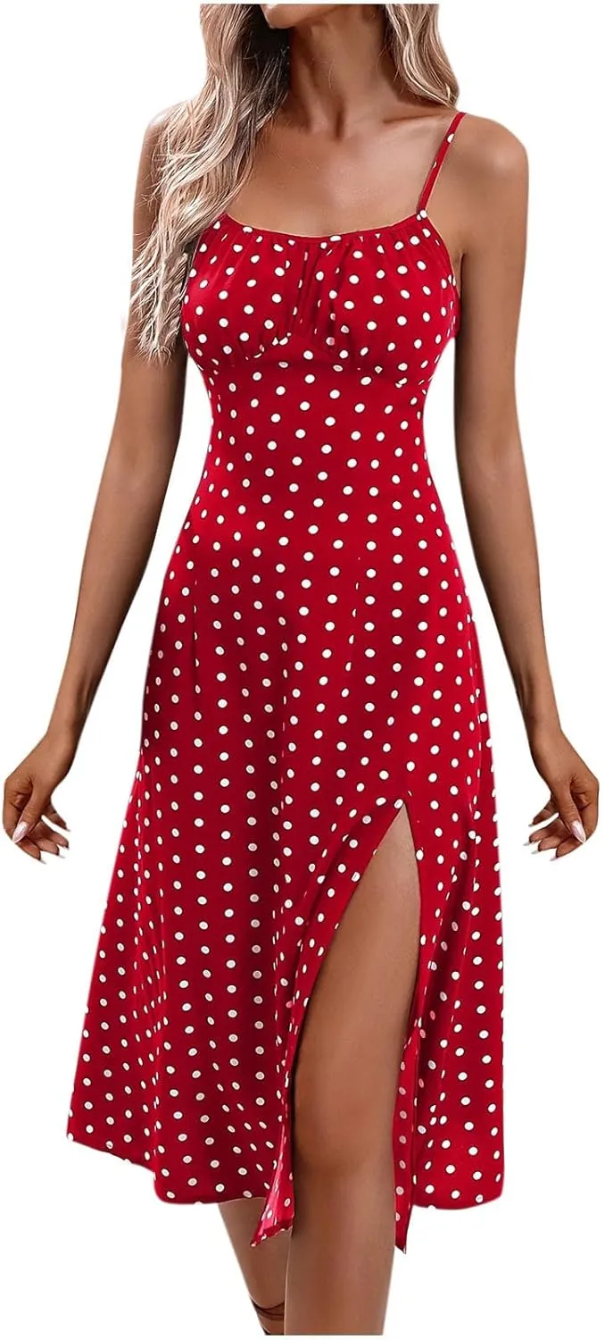 Women's Casual Dresses 2025 Summer Split Hem Boho Vacation Mini Dress Trendy Sleeveless Spaghetti Straps Sundress