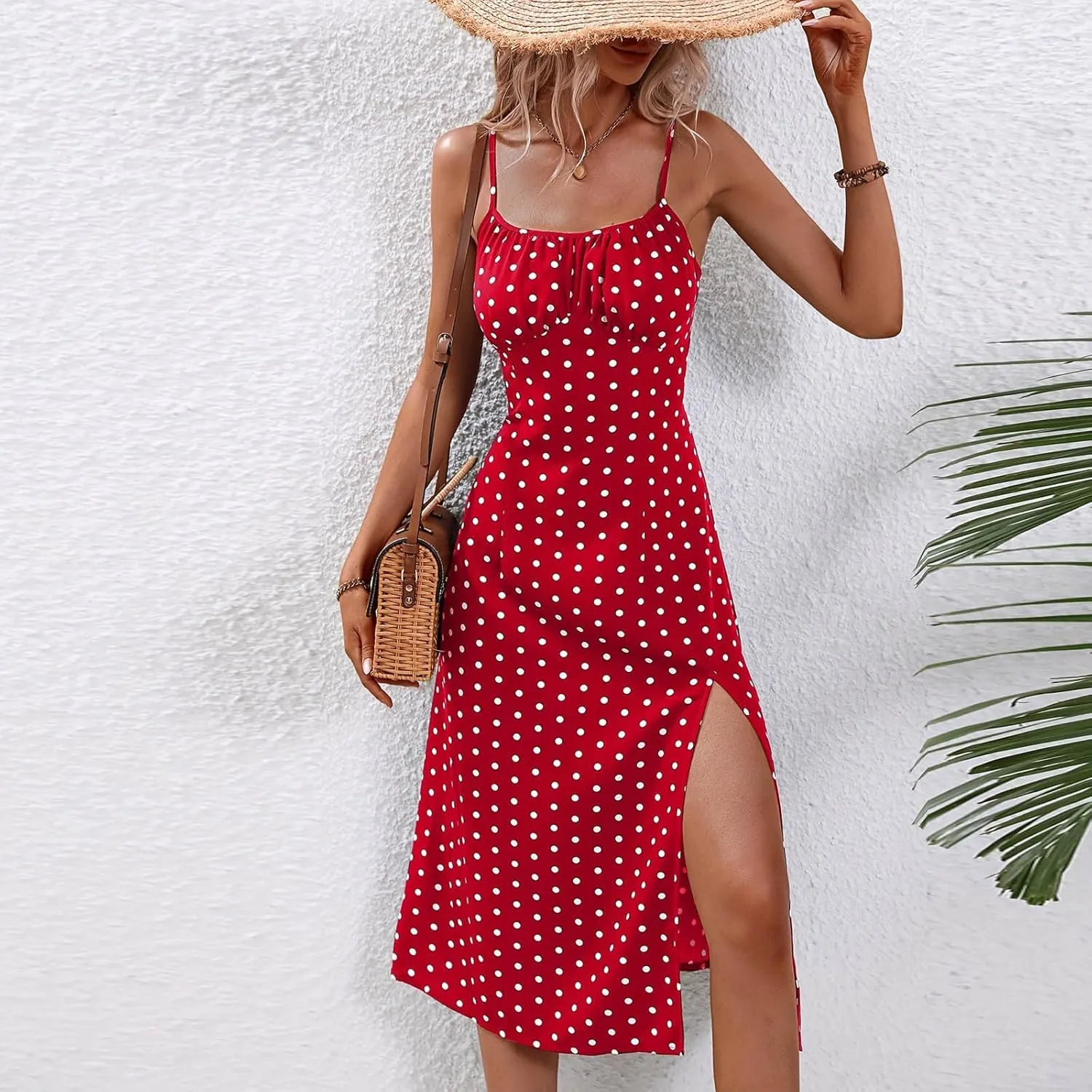 Women's Casual Dresses 2025 Summer Split Hem Boho Vacation Mini Dress Trendy Sleeveless Spaghetti Straps Sundress