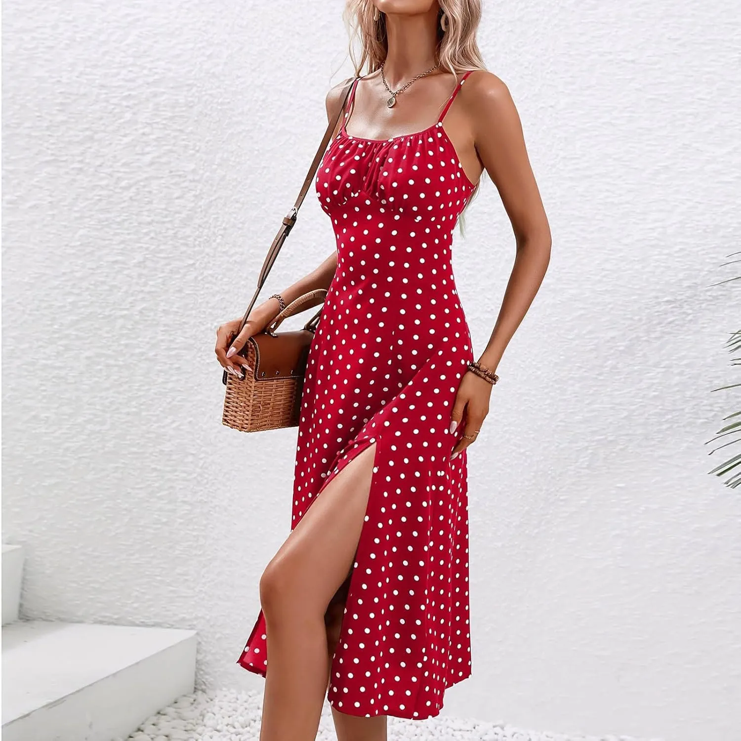 Women's Casual Dresses 2025 Summer Split Hem Boho Vacation Mini Dress Trendy Sleeveless Spaghetti Straps Sundress