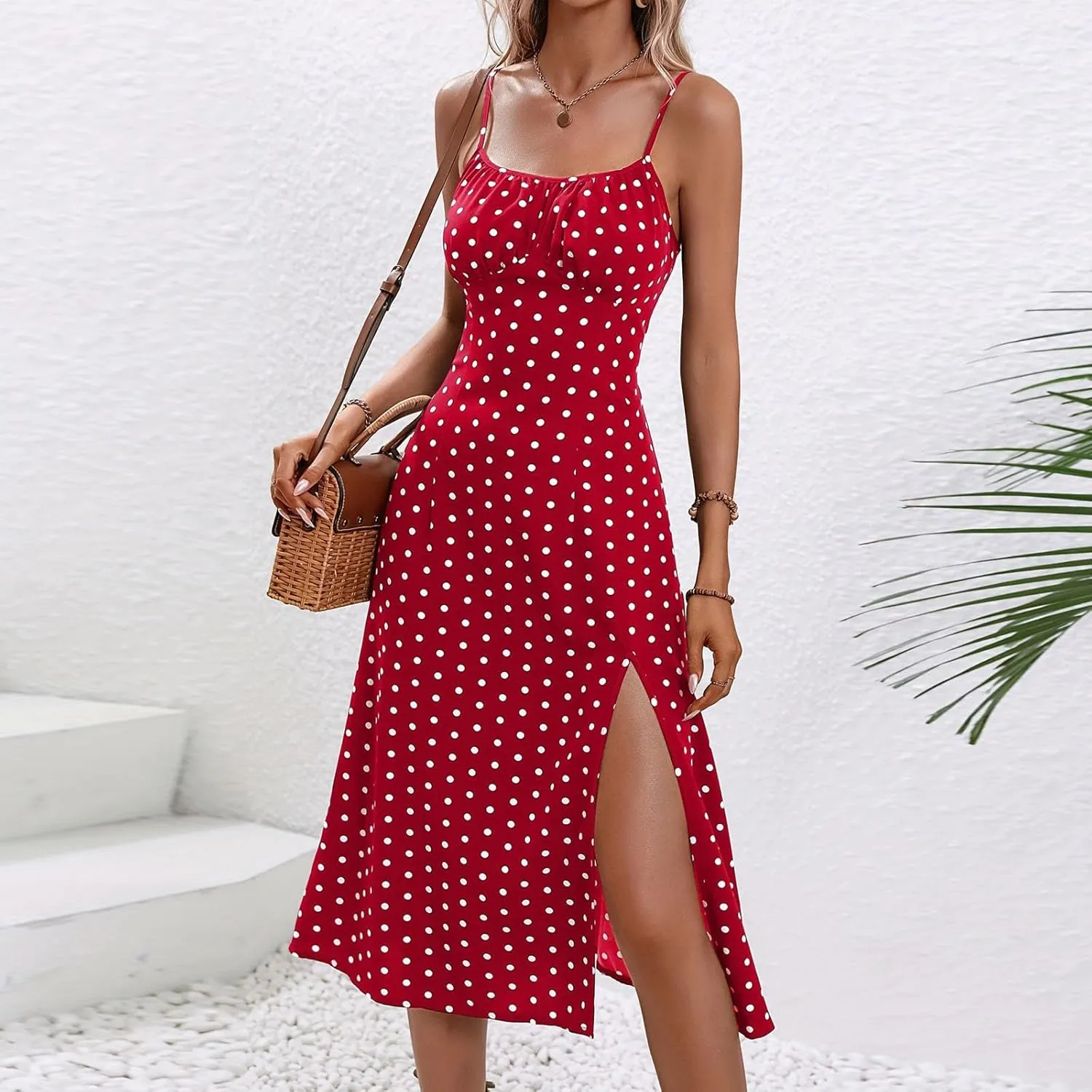 Women's Casual Dresses 2025 Summer Split Hem Boho Vacation Mini Dress Trendy Sleeveless Spaghetti Straps Sundress