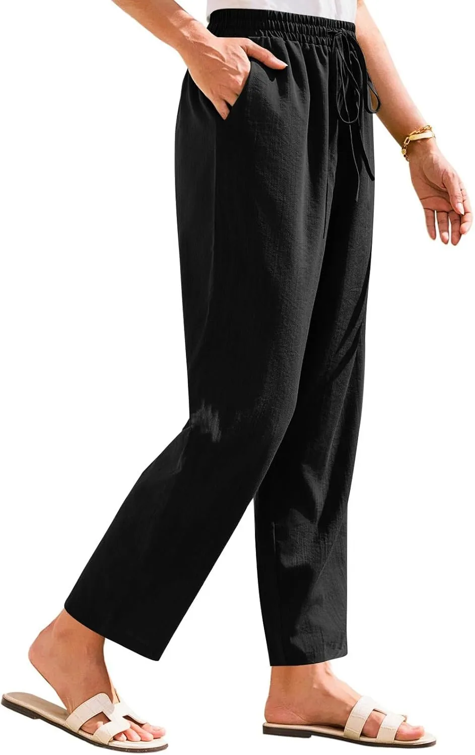 Women's Cotton Linen Straight Leg Pants Elastic Drawstring Casual Trousers with Pockets Summer Pants for Women