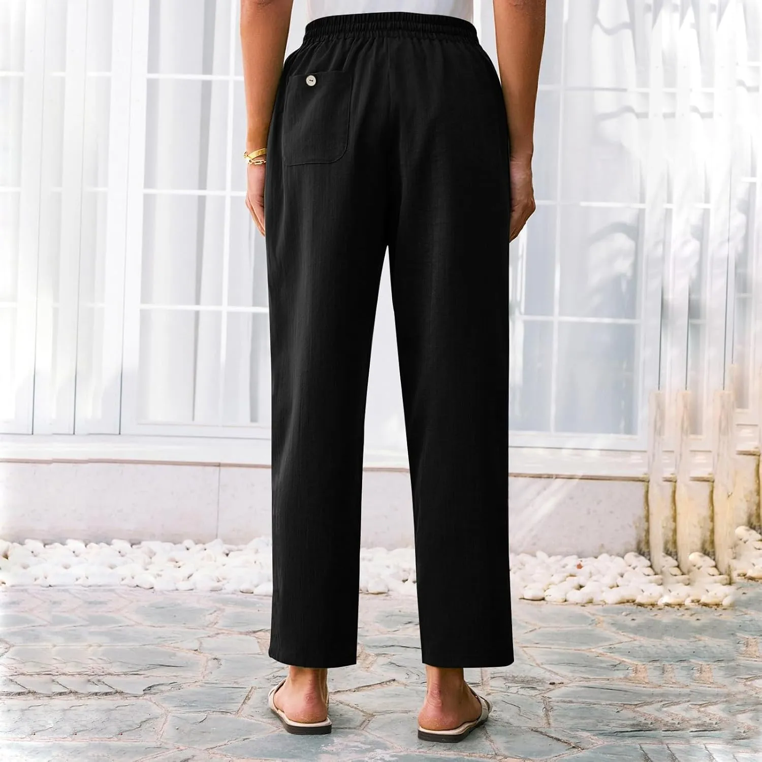 Women's Cotton Linen Straight Leg Pants Elastic Drawstring Casual Trousers with Pockets Summer Pants for Women