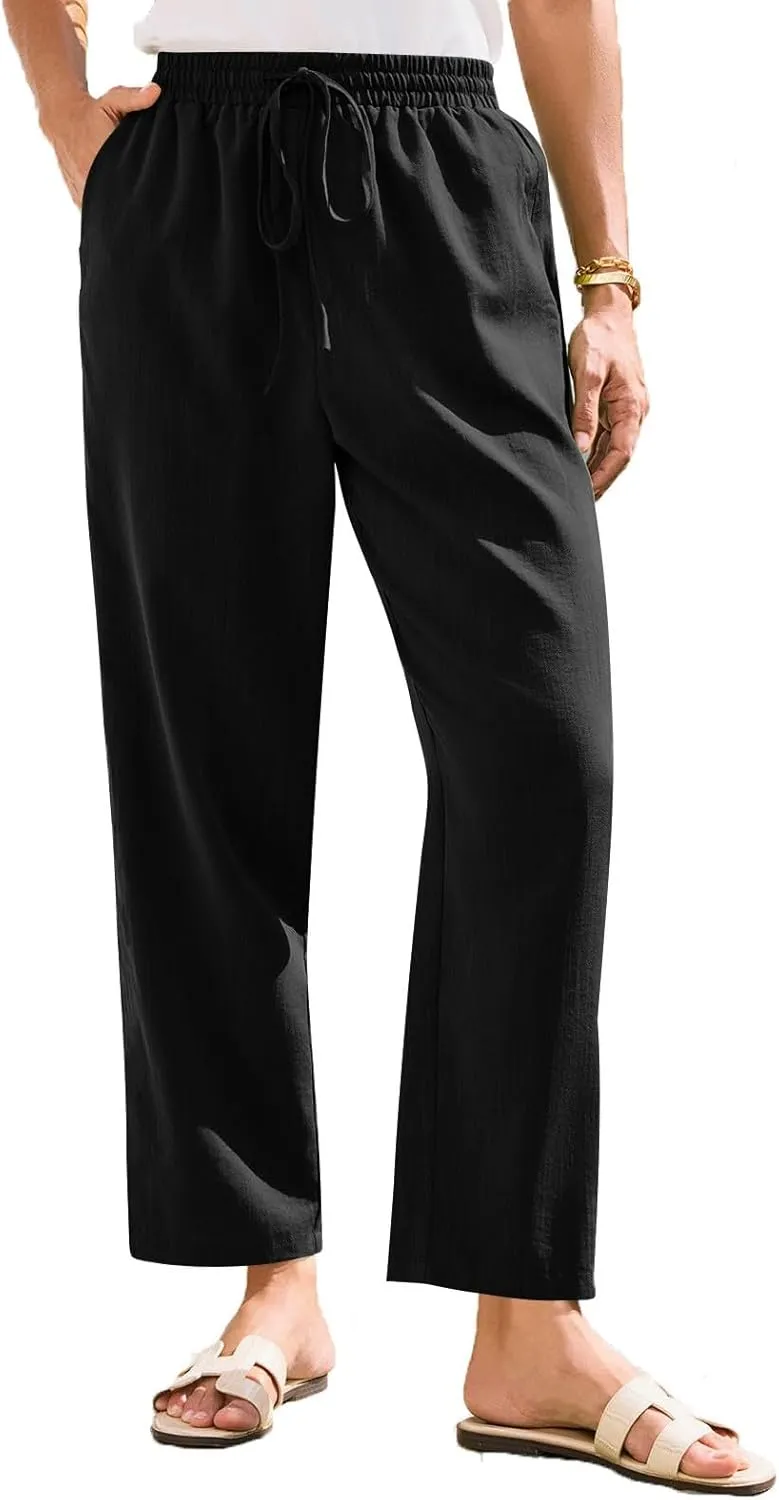 Women's Cotton Linen Straight Leg Pants Elastic Drawstring Casual Trousers with Pockets Summer Pants for Women