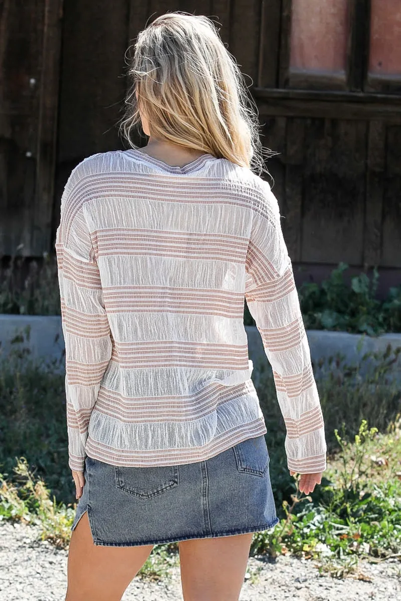 Women's Crochet Stripe Long Sleeve Semi-sheer Top
