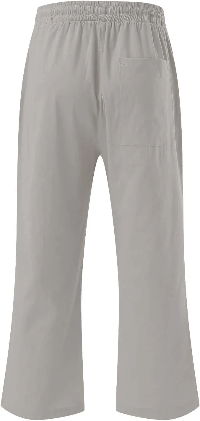 Womens Linen Pants Casual High Waisted Wide Leg Capri Pants Baggy Elastic Drawstring Trousers Summer Beach Trouser