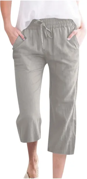 Womens Linen Pants Casual High Waisted Wide Leg Capri Pants Baggy Elastic Drawstring Trousers Summer Beach Trouser